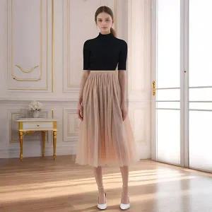 [하프클럽/]아엘리에 블러쉬핑크 롱스커트 쉬폰 레이스 망사 플레어스커트
