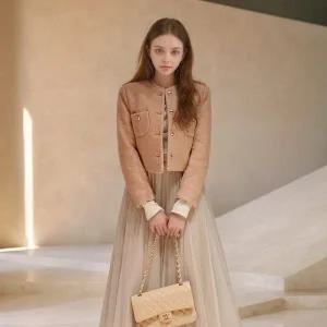 [하프클럽/]아엘리에 크림베이지 롱스커트 쉬폰 레이스 망사 플레어스커트