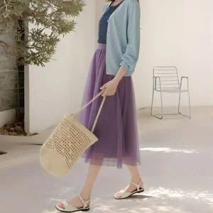 [하프클럽/]아엘리에 라일락퍼플 롱스커트 쉬폰 레이스 망사 플레어스커트