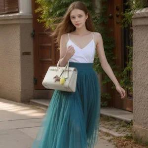 [하프클럽/]아엘리에 애쉬그린 롱스커트 쉬폰 레이스 망사 플레어스커트 밴