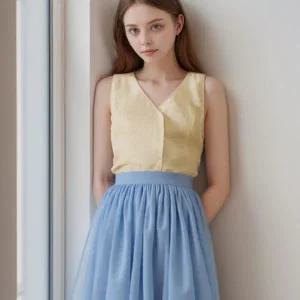 [하프클럽/]아엘리에 파우더블루 롱스커트 쉬폰 레이스 망사 플레어스커트