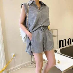 [하프클럽/]심플 스트라이프 나시 셔츠 밴딩 팬츠 세트