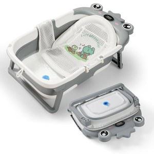 아기 욕조, 부드러운 쿠션과 온도계가 있는 접이식 공간 절약형 및 여행용 신생아 욕조 0-36개월, 프로그 그레이
