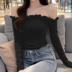 채핏 포지션 셔링오프 티셔츠 섹시 글램 긴팔 tee 셔링 어깨밴딩 오프숄더 러블리 데이트룩 데일리룩