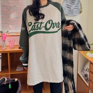 기모 나그랑 배색 롱 티셔츠 오버핏 긴팔 라운드넥 여성 빅사이즈