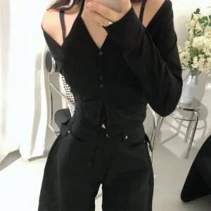 여자 홑터넥 나시 레이어드 크롭 가디건 세트