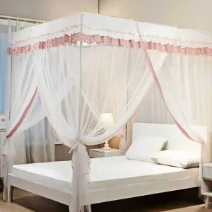 체크 커튼형 모기장 핑크 150cm 사각 개방형 커튼식 스틸 프레임 육각 그물망 통기성