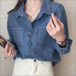 베이직 진청 여자 워싱 청남방 데님셔츠 루즈핏 빈티지