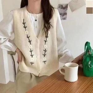 플라워 브이넥 여성 니트 조끼 1P 봄가을 패션 베스트 (WFFXFH3)