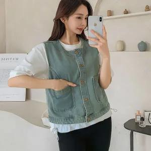 [하프클럽/]여자 라운드 빈티지워싱 베이직핏 진 조끼