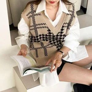 니트 루즈 핏 베스트 여성 봄 가을 조끼 블랙 여자 코 (WFFXG1I)