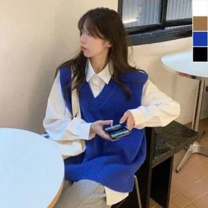 니트 오버핏 여성 조끼 1P 봄가을 브이넥 베스트 쪼끼 (WFFXG59)