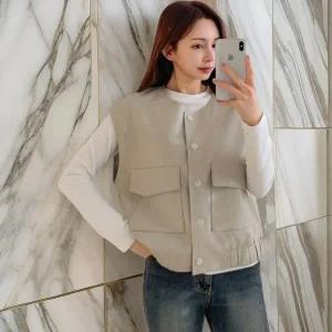 [하프클럽/]여성 더블포켓 봄베스트 U넥 잔주름 조끼