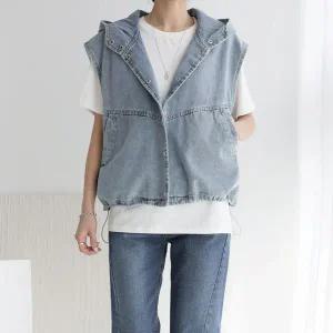 [하프클럽/]여자 박스 후드청자켓 진 단추 드로우코드 조끼