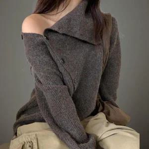 [하프클럽/]여성 하이넥 비대칭 오프숄더 2in1 니트 카디건