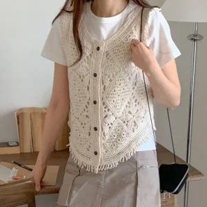 [하프클럽/]여자 크로셰 망사 테슬 SS 히피 바캉스룩 조끼