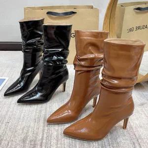 [하프클럽/레이디슈]레이디슈 레더 셔링 스틸레토 미들힐 힐부츠 0071