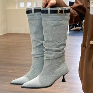 [하프클럽/레이디슈]레이디슈 데님 버클 벨트 셔링 스틸레토 미들힐 롱부츠