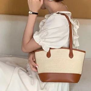 [하프클럽/레이디슈]룩앤핏 라탄 스퀘어 보부상 배색 데일리 쇼퍼백 7077