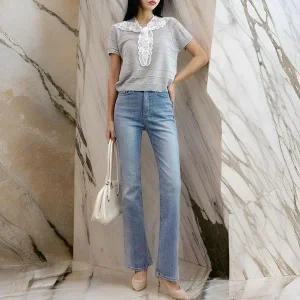 [하프클럽/]여성 편한 세미부츠컷 연청바지 코튼 데님