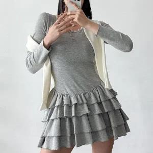 [하프클럽/]여자 귀여운 티어드 단추 슬림 미니원피스