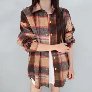 [하프클럽/]여성 루즈핏 컬러 블록 체크 패턴 일상 셔츠 자켓