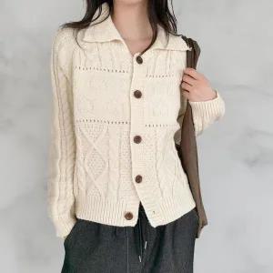 [하프클럽/]여성 레트로 보카시 카라 단추 펀칭 니트 가디건