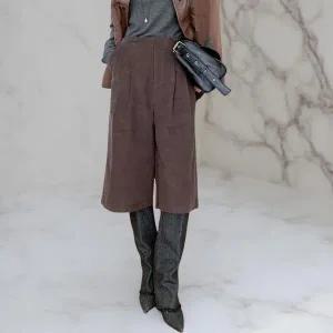 [하프클럽/]여성 골덴 코튼 칠부 버뮤다 핀턱 팬츠