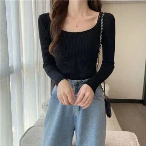 [하프클럽/]여성 골지니트 데일리 U넥 무지 골지 니트 3컬러 긴팔 티셔츠