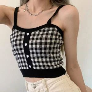 [하프클럽/]우먼 예쁜 체크무늬 프린트 데일리 하트 모양 스냅세미크롭 탱