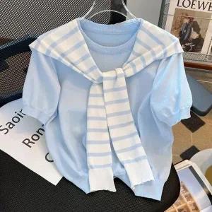 [하프클럽/]숄카라 여성용 트렌디 가로줄 S/S 하프티뜨개탑 세트아이템