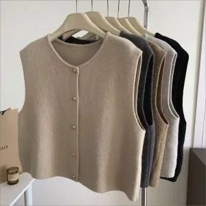 단정한 레이어드 니트 조끼 라운드넥 루즈핏 단추 보온 5색