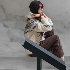 [하프클럽/]여성 울 니트 후드 집업 소매 시보리 카디건