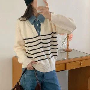 [하프클럽/]여자 나그랑 단가라 청남방 레이어드 오버핏 니트