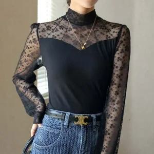 [하프클럽/]꽃무늬 프릴레이스 반목티이너티 하이넥 라이트웨이트 머스트