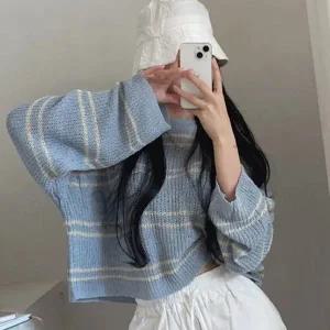 [하프클럽/]레이디스 패턴 스트라이프 숏탑 장팔심플 스웨터 탑 블루