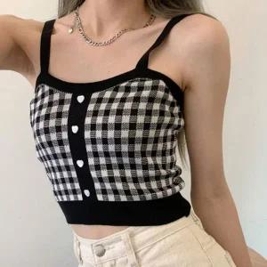 [하프클럽/]걸스 스위트 체크무늬 베스트 그래픽 하트모양 버튼 세미크롭