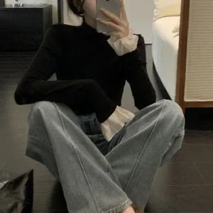 [하프클럽/]걸스 모던 팔소매 레이스소재미니터틀 스키니핏 티탑