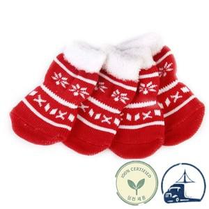 4개입 애완동물 면 양말 빨강 흰색 L 사이즈 미끄럼 방지 바닥 발톱 패턴 강아지 고양이 겨울 보호 크리스