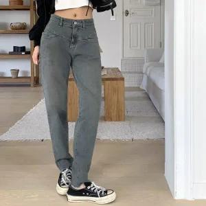 [하프클럽/]여자 트렌디 배기핏 절개 그레이 일자 데님 청바지