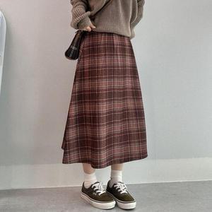 여성 가을 허리 스커트 편한 밴딩 치마 체크 봄 간절기 롱