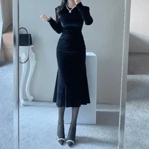 [엘린무드]미르샤 벨벳 숄더패드 스판 쫀쫀 슬림 머메이드 여신 롱 파티 연말 원피스 2COLOR _P379621623