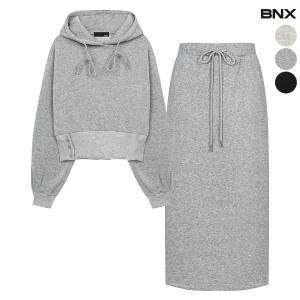 여성 데일리 기모 후드 세미 크롭 맨투맨 스커트 세트