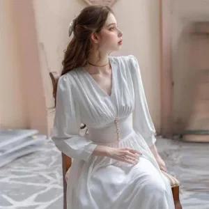 아트박스 교복몰 순백 화이트 브이넥 진주디테일 롱원피스 경성의상