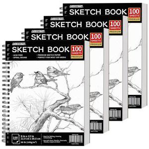 픽스스미스 9인치 X12인치 스케치북 | 400장(68파운드/100gsm) 4팩(각 100장) 산성 프리 드로잉 페이퍼 초보자, 아티스트 및 전문가용 스파이럴 바운드 스케치패드 브라이트 화이트