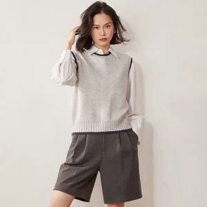 니트 조끼 가을 겨울 캐시미어 여성 여자 세븐 니들 두꺼운 100 민 라운드 넥 컬러 블록 자켓 재킷