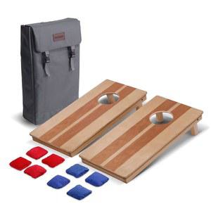 GoSports 2피트 x 1피트 배낭 콘홀 게임 세트, 프리미엄 우드 트래블 사이즈 보드 2개와 미니 스틱 및 슬라이드 빈 백 8개 포함