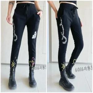 봉숙이 체인하트 2025 겨울 기모 신상 따뜻한 여성 스판 허리 밴딩 여자 배기 면 고무줄 팬츠 블랙 검정 색 베기 9부 긴 바지