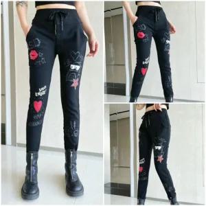 봉숙이 입술 2025 겨울 기모 신상 따뜻한 여성 스판 허리 밴딩 여자 배기 면 고무줄 팬츠 블랙 검정 색 베기 9부 긴 바지