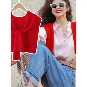 트렌디 니트 스카프 여성용 아우터 숄더 랩 넥 워머 레드 컬러 봄 가을 겨울 패셔너블 스웨터 셔츠 액세서